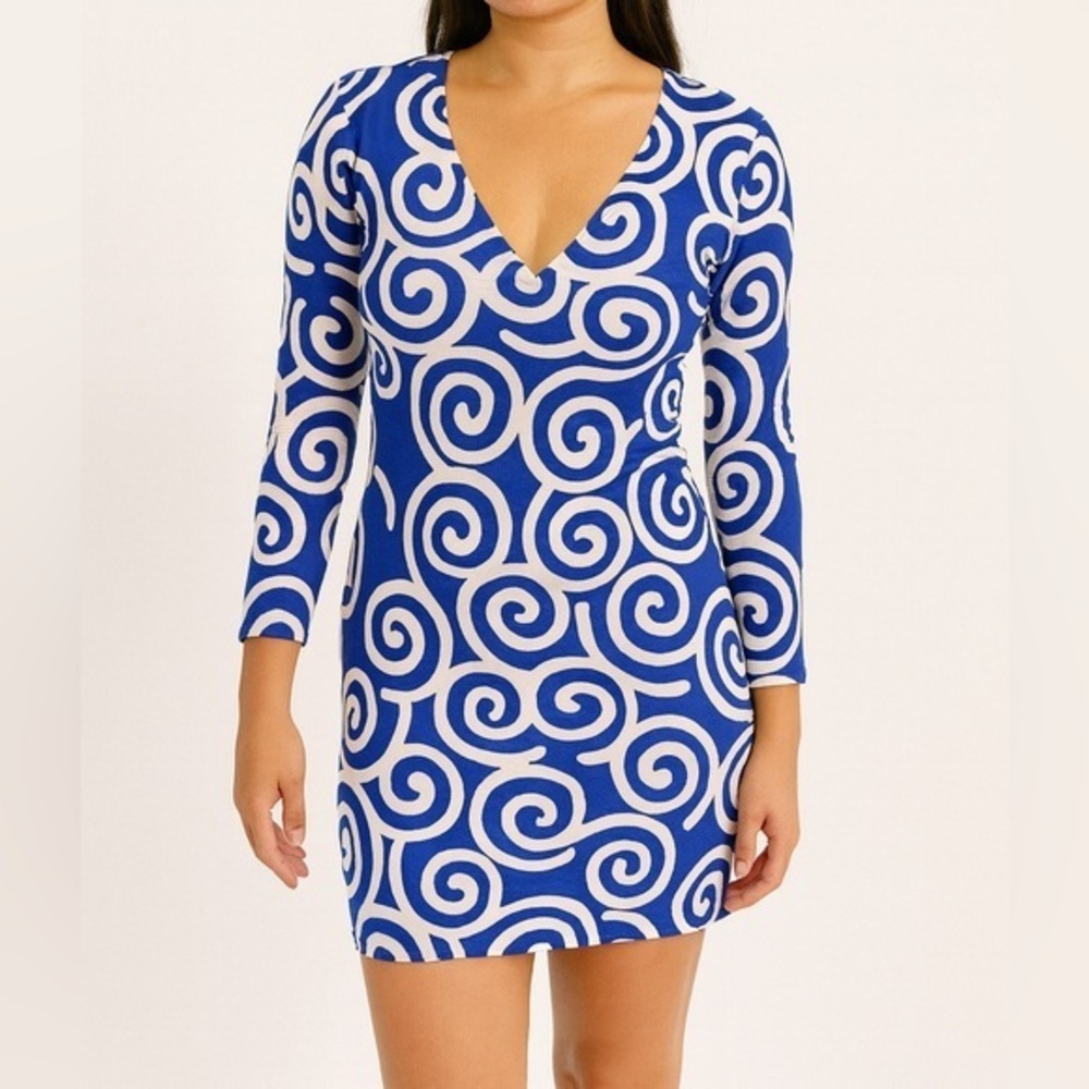 Diane von Furstenberg DVF Silk Blue White Swirl Print V-Neck Mini Dress